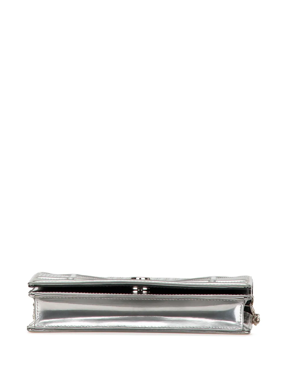 Pre-owned Dior 2017 Metallic Patent Microcannage Ama Wallet On Chain Crossbody Bag In Silver