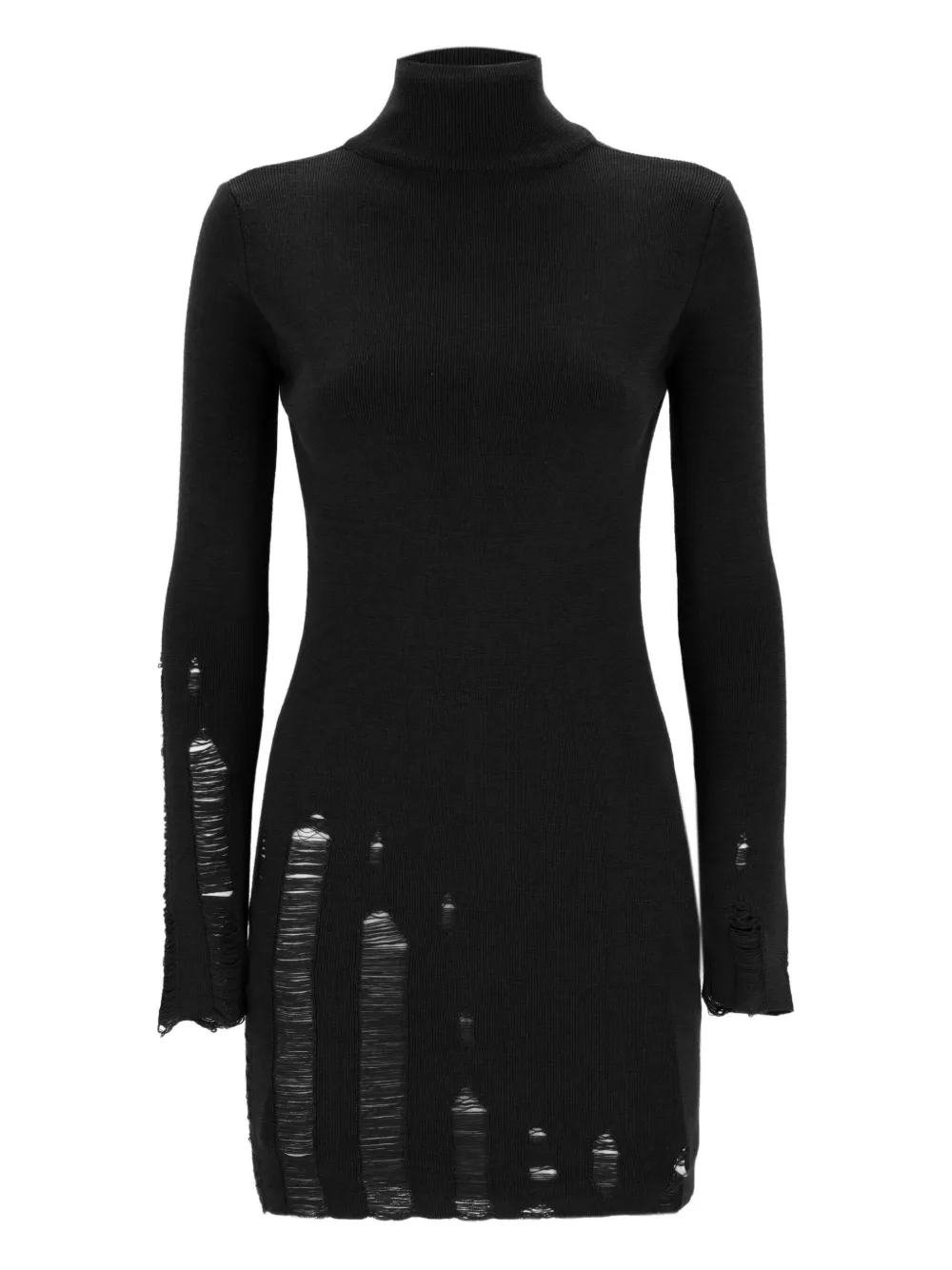 Laneus Turtleneck Distressed Knit Mini Dress In Black