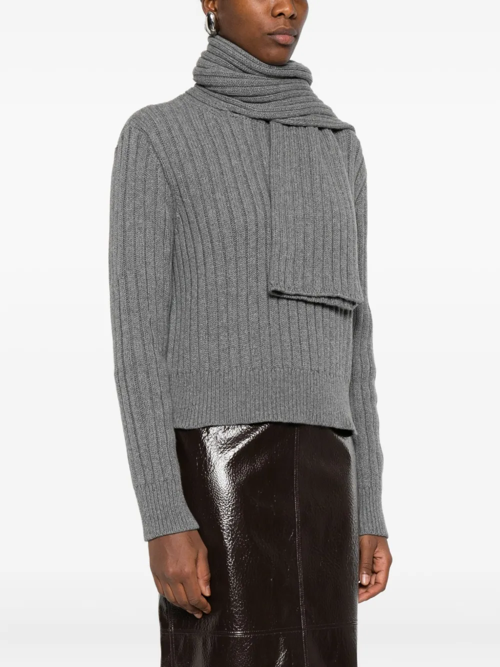 Brandon Maxwell Ribbed Scarf-detail Sweater In Gray