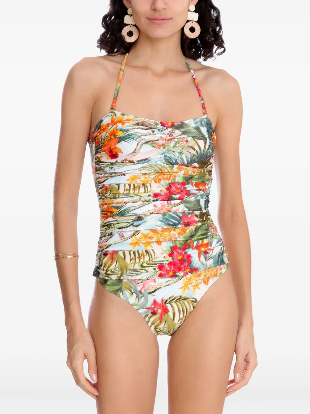 Lygia & Nanny Badpak met bloemenprint en ruches Groen