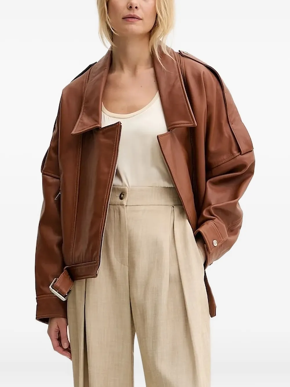 Pinko Belted Leather Jacket In Brown