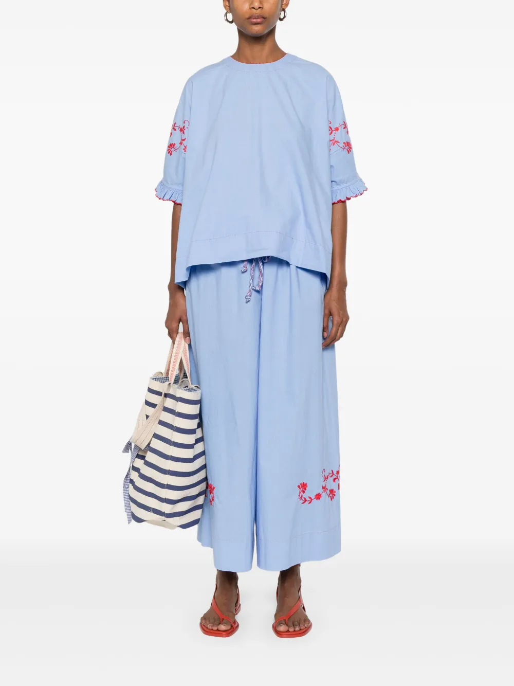Pero Broek met geborduurde bloemen - Blauw