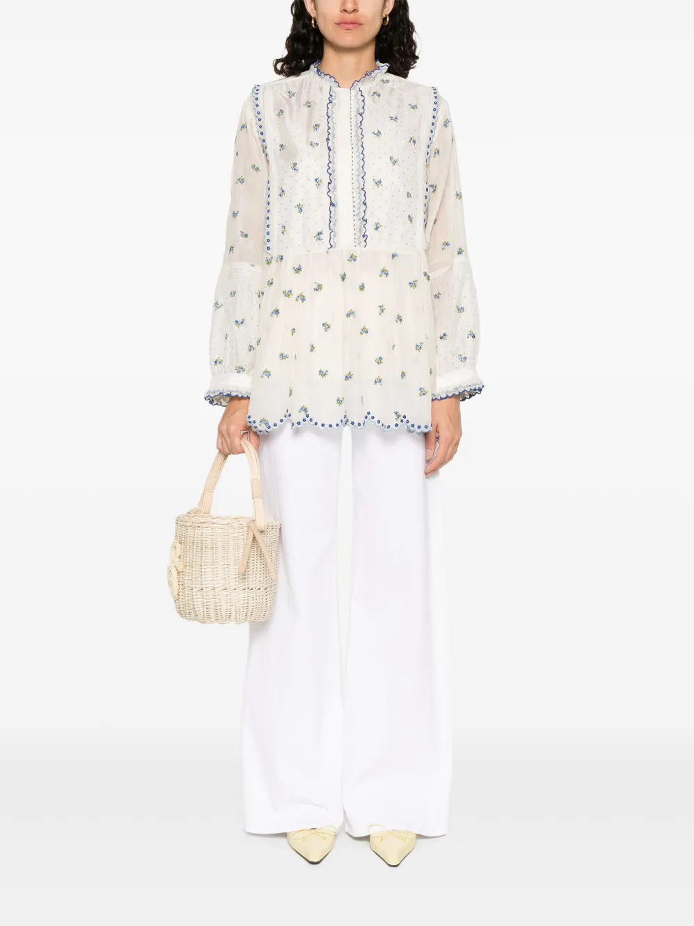 Pero Shirt met geborduurde bloemen - Wit