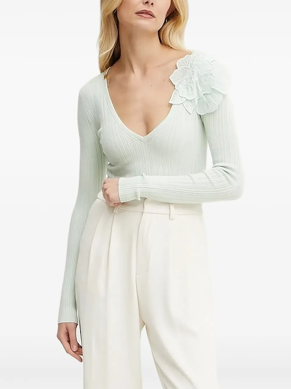 Elisabetta Franchi flower-embellished ribbed T-shirt | Blue | Image 1