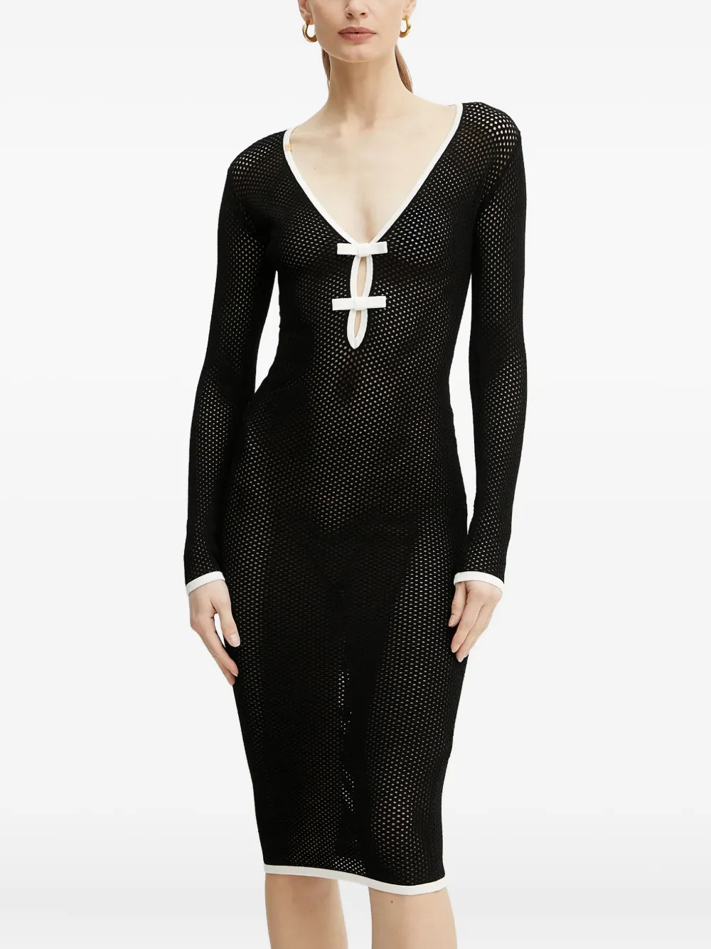 Elisabetta Franchi Mesh-paneled V-neck Midi Dress In Black