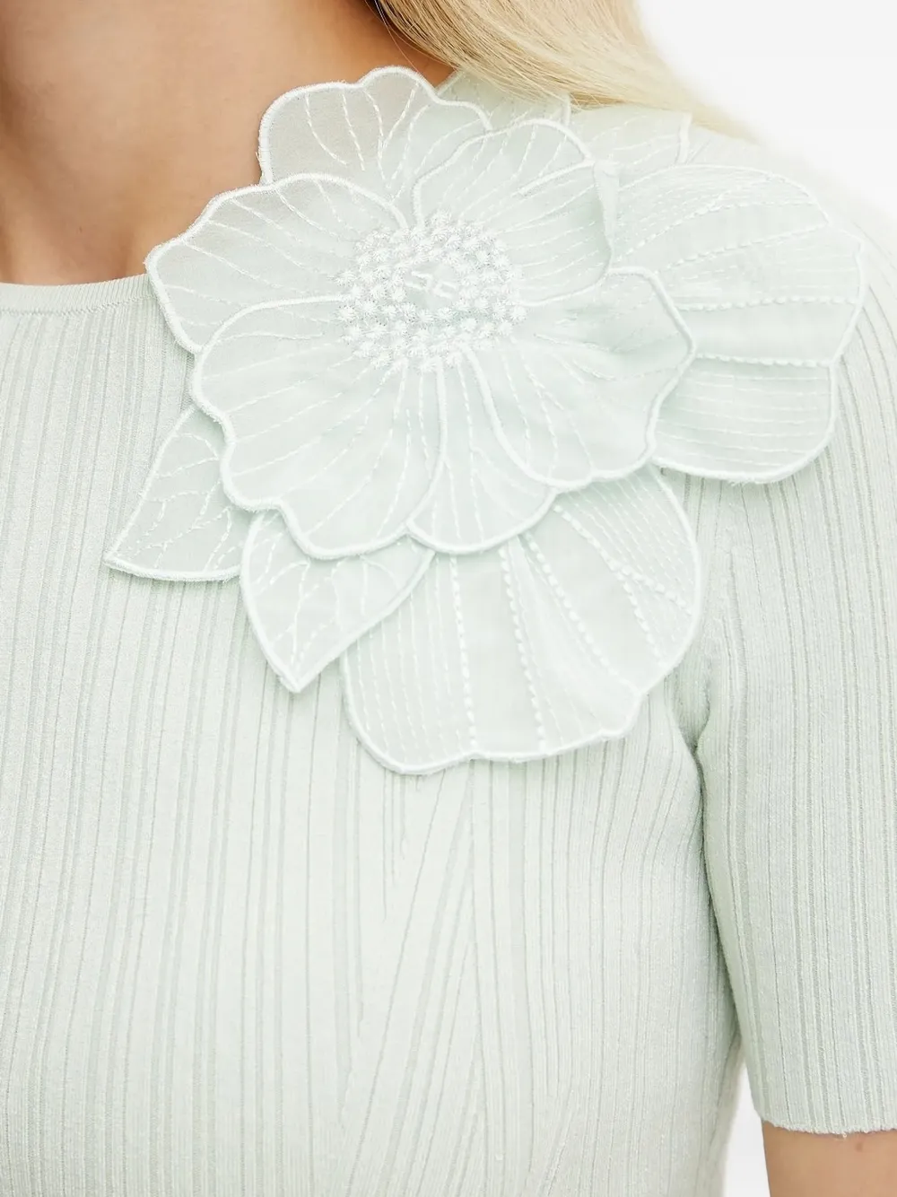 Elisabetta Franchi Ribbed Flower-embellished T-shirt In Metallic
