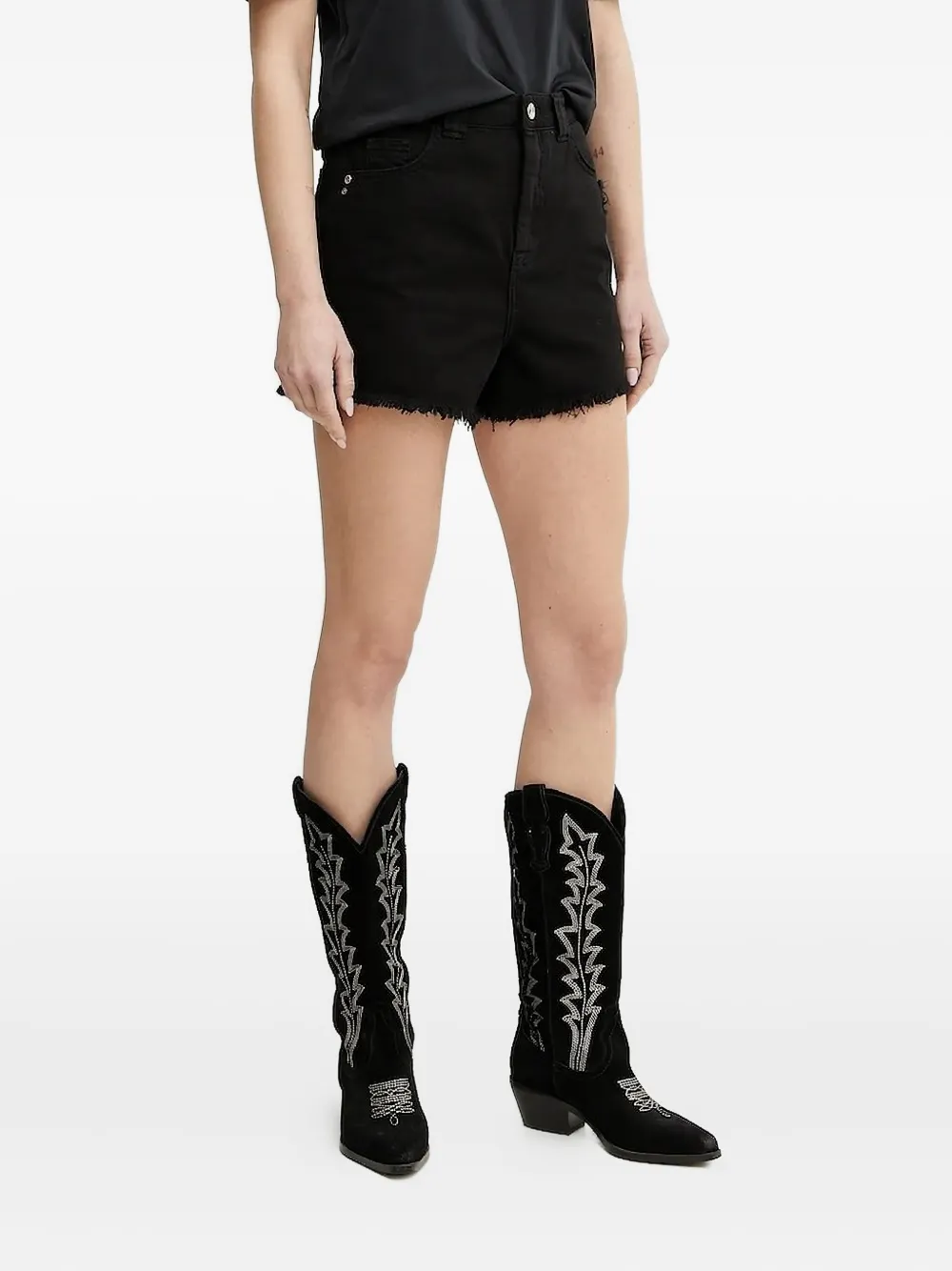 Patrizia Pepe embroidered-logo frayed short shorts - ブラック Patrizia Pepe embroidered-logo frayed short shorts - ブラック