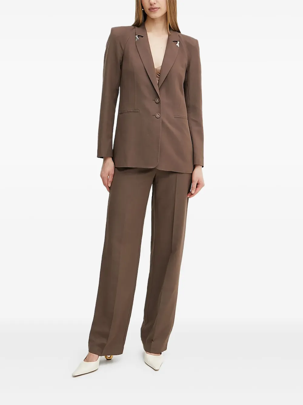 Patrizia Pepe Padded-shoulder Embellished Blazer In Brown