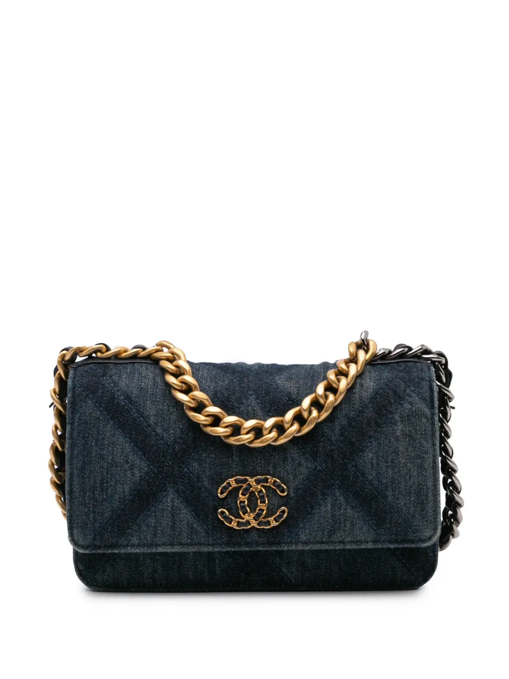 CHANEL Pre-Owned 2021-2024 デニムステッチ 19 フラップ ウォレットオンチェーン ショルダーバッグ - ブルー CHANEL Pre-Owned 2021-2024 デニムステッチ 19 フラップ ウォレットオンチェーン ショルダーバッグ - ブルー