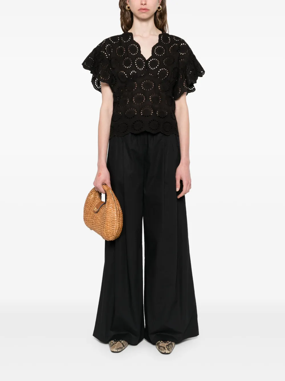 TWINSET broderie-anglaise cap-sleeve blouse - Bruin