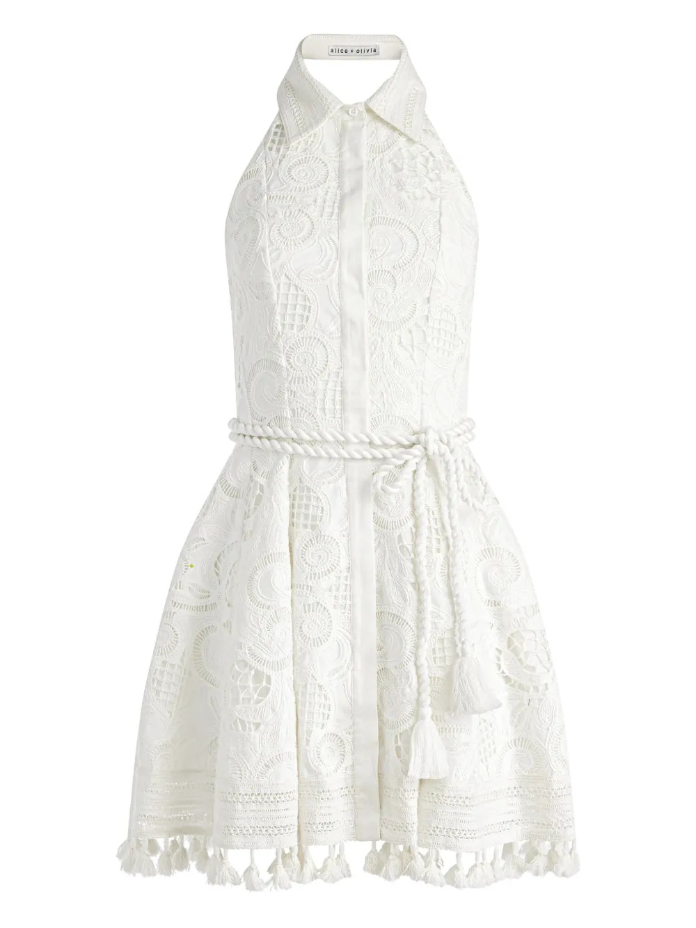 embroidered belted mini dress