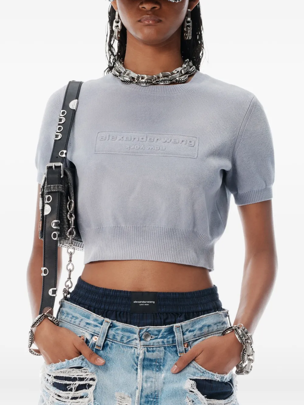 Alexander Wang Gebreide cropped top met logo-reliëf Grijs