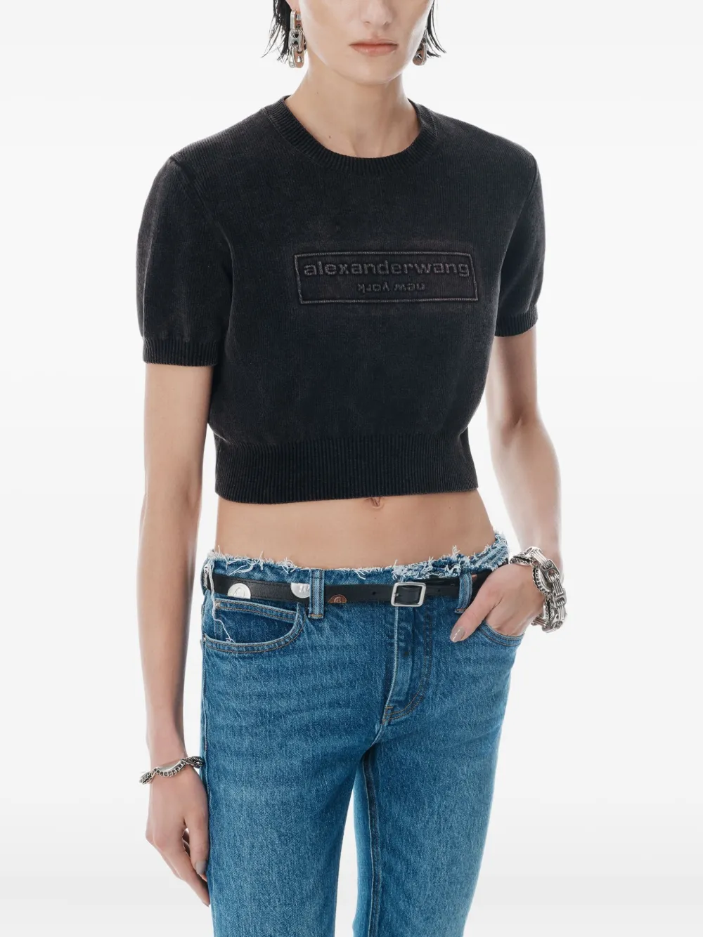 Alexander Wang Gebreide top met logo-reliëf en korte mouwen Zwart