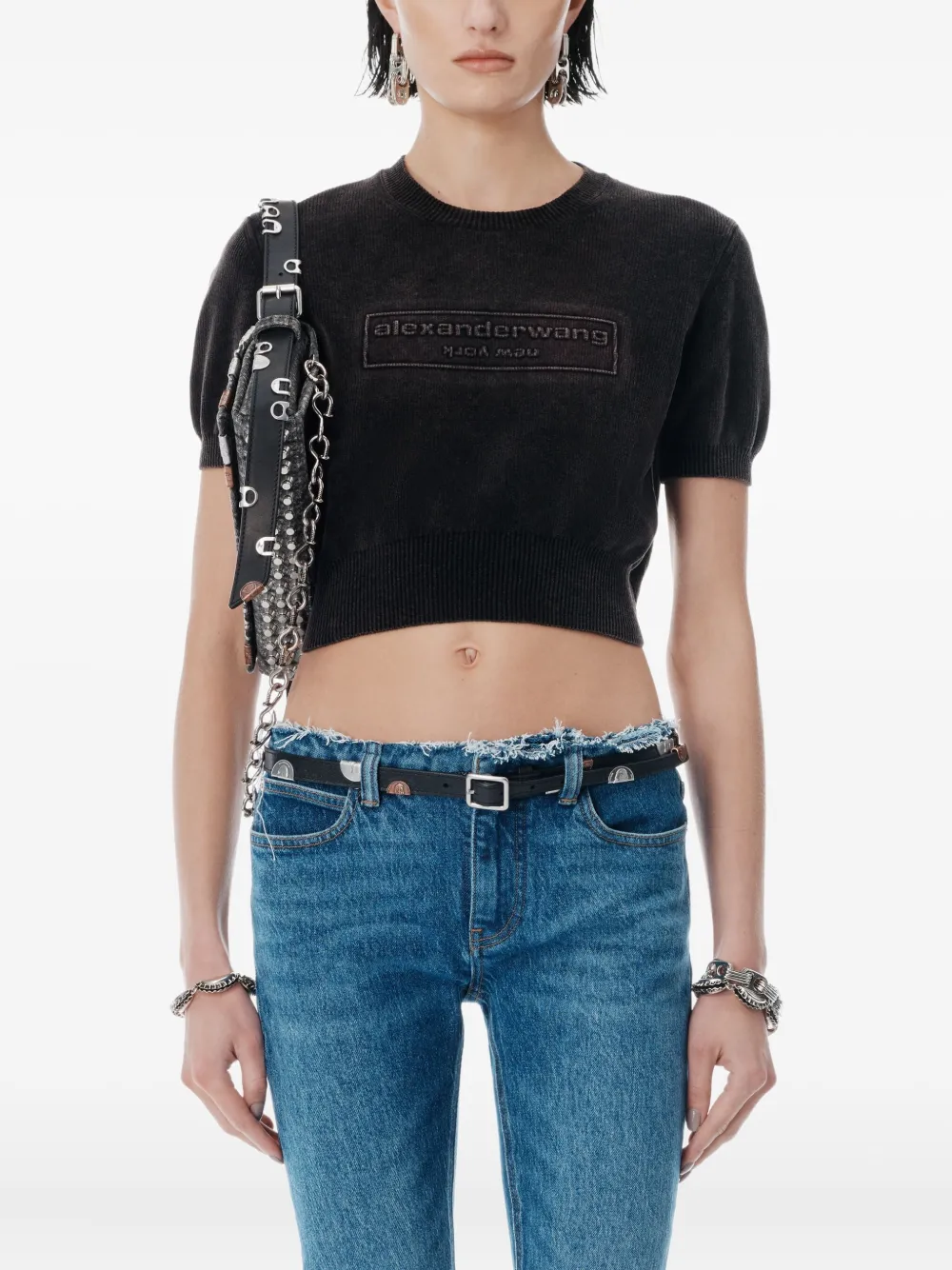 Alexander Wang Gebreide top met logo-reliëf en korte mouwen Zwart