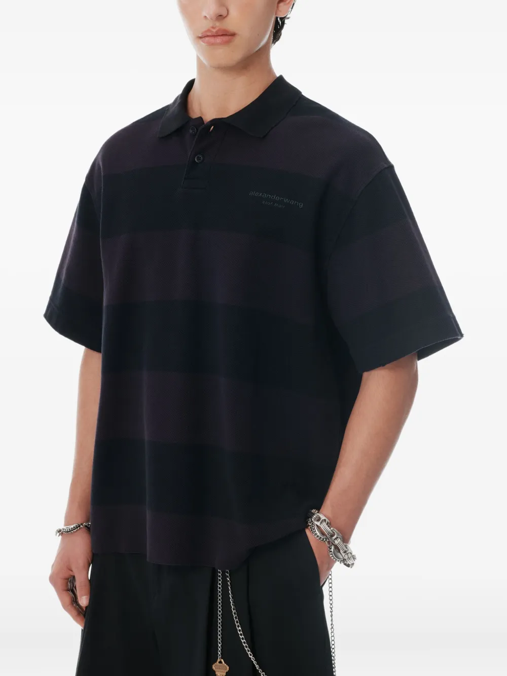 Alexander Wang Marina striped piqué polo shirt Zwart