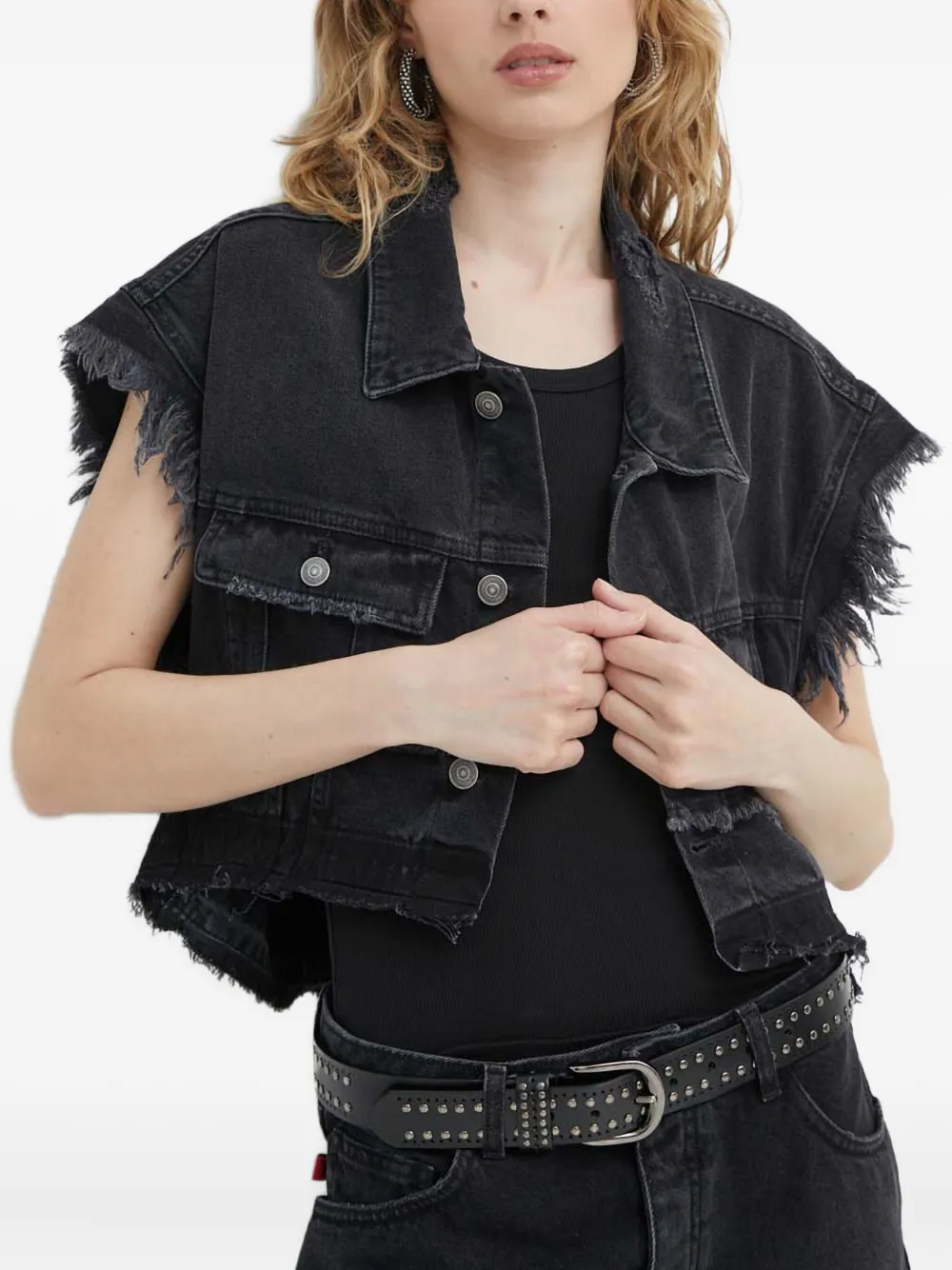 Aniye By Mouwloos denim jack met franje Zwart