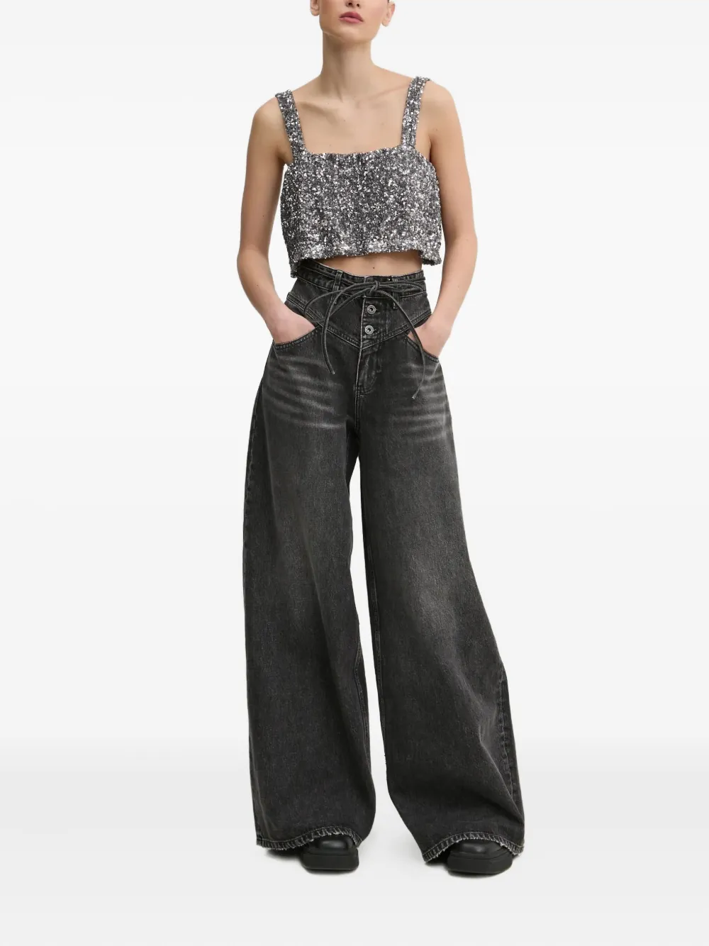 Aniye By Lux Sequinned Square-neck Top In Gray
