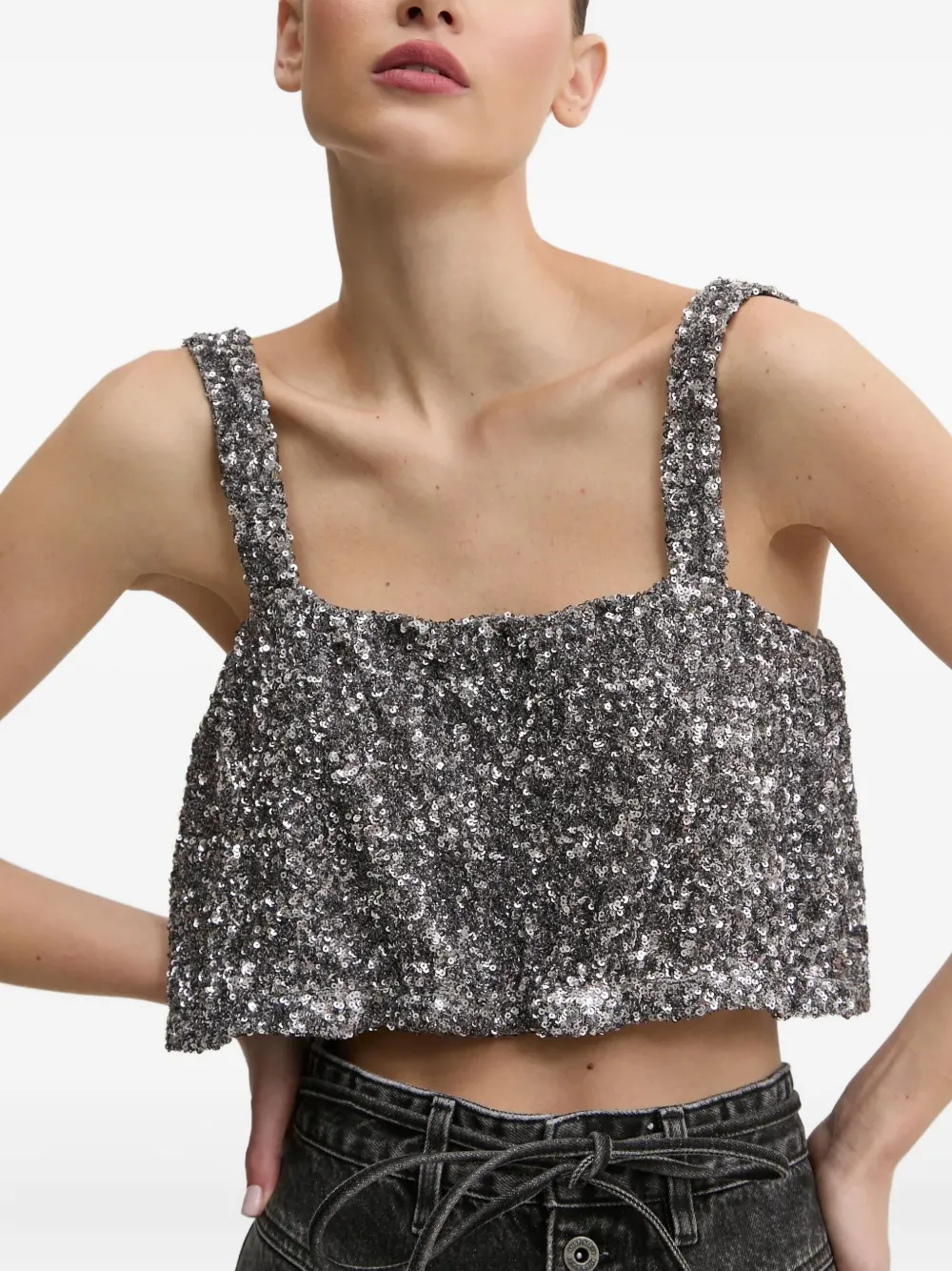 Aniye By Lux Sequinned Square-neck Top In Gray