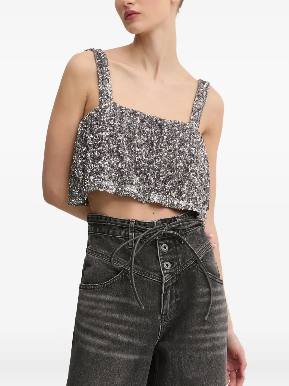 Aniye By Lux Sequinned Square-neck Top In Gray