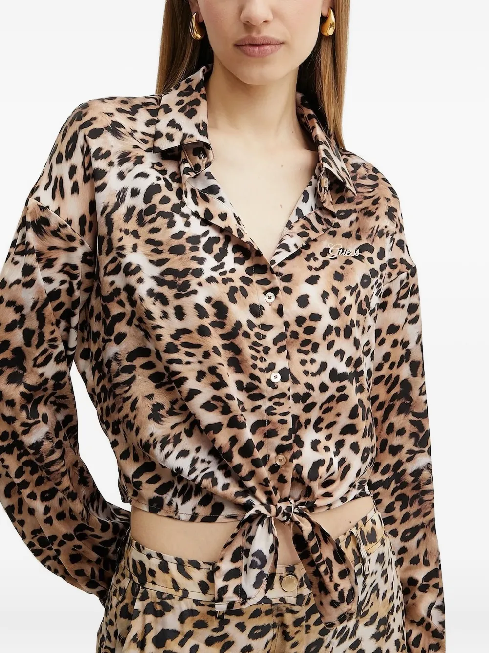 GUESS USA Blouse met luipaardprint en gestrikte voorkant Bruin