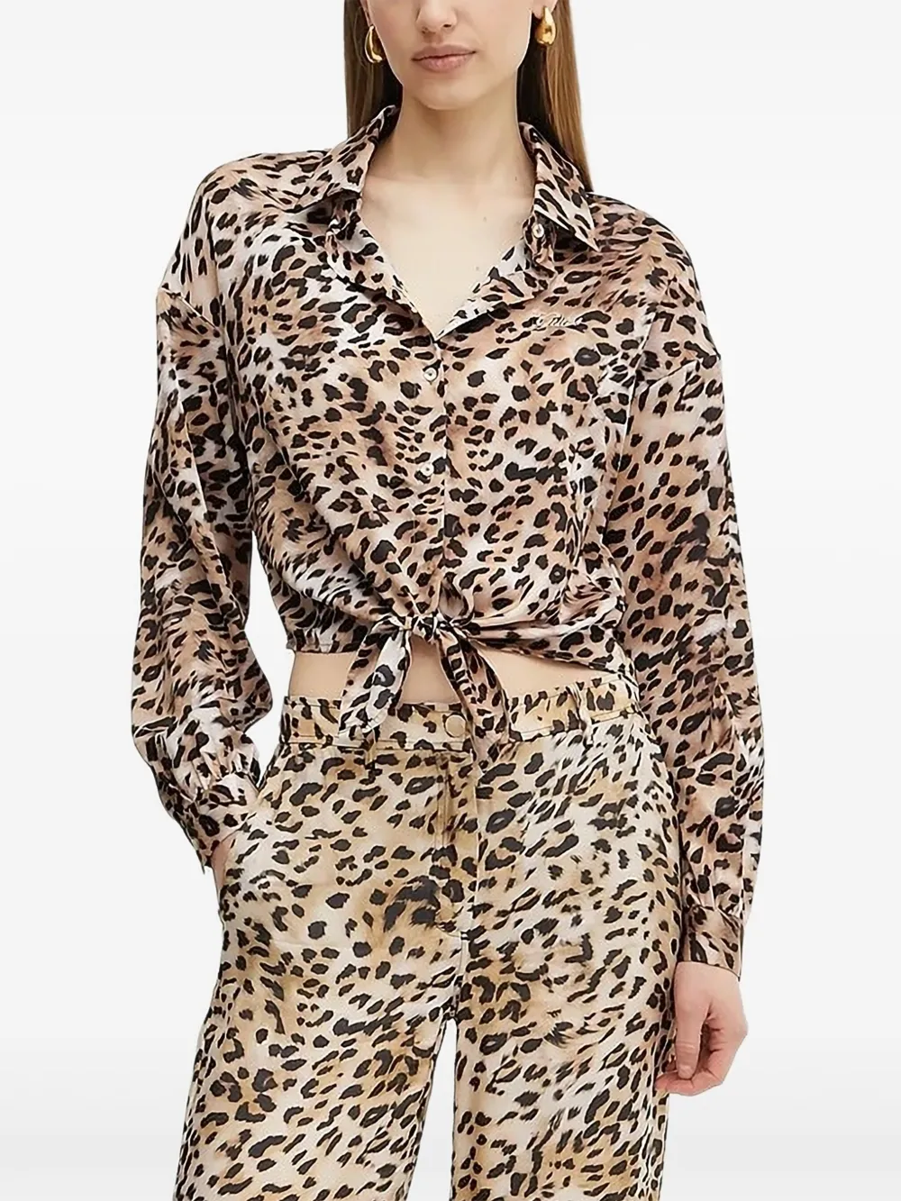 GUESS USA Blouse met luipaardprint en gestrikte voorkant Bruin