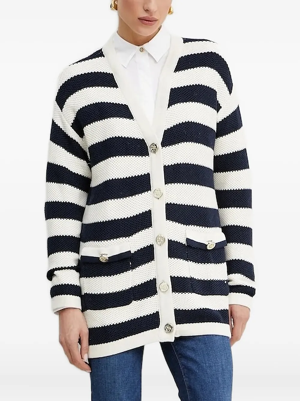 Guess Usa Striped Buttoned Cardigan In White