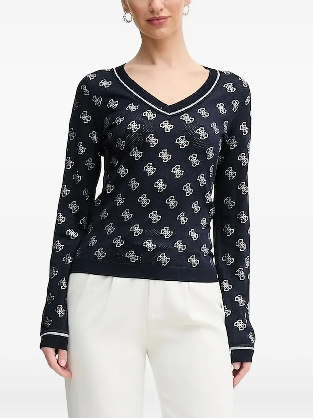Guess Usa 4g Logo-pattern V-neck Sweatshirt In Blue