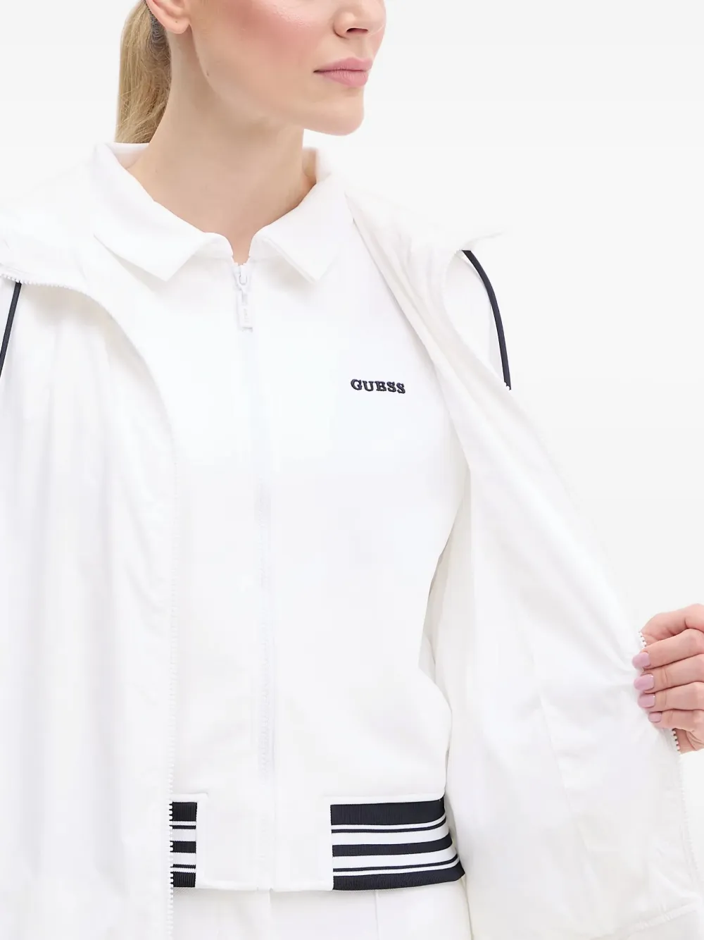 Guess Usa Zip-up Striped-band Sweatshirt In White