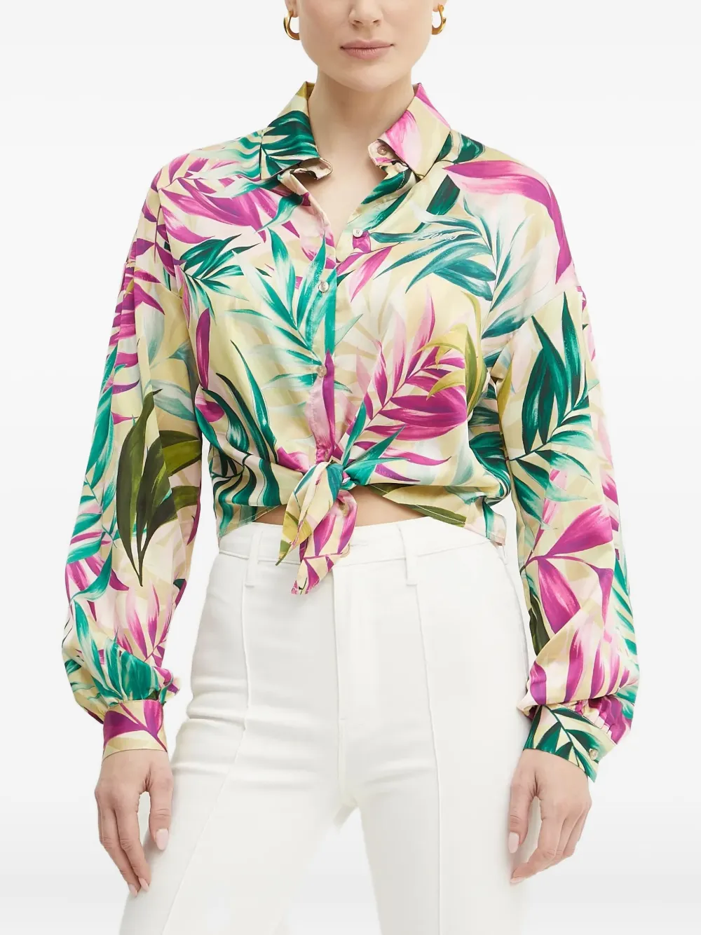 Guess Usa Leaf-print Tie-front Shirt In Multi