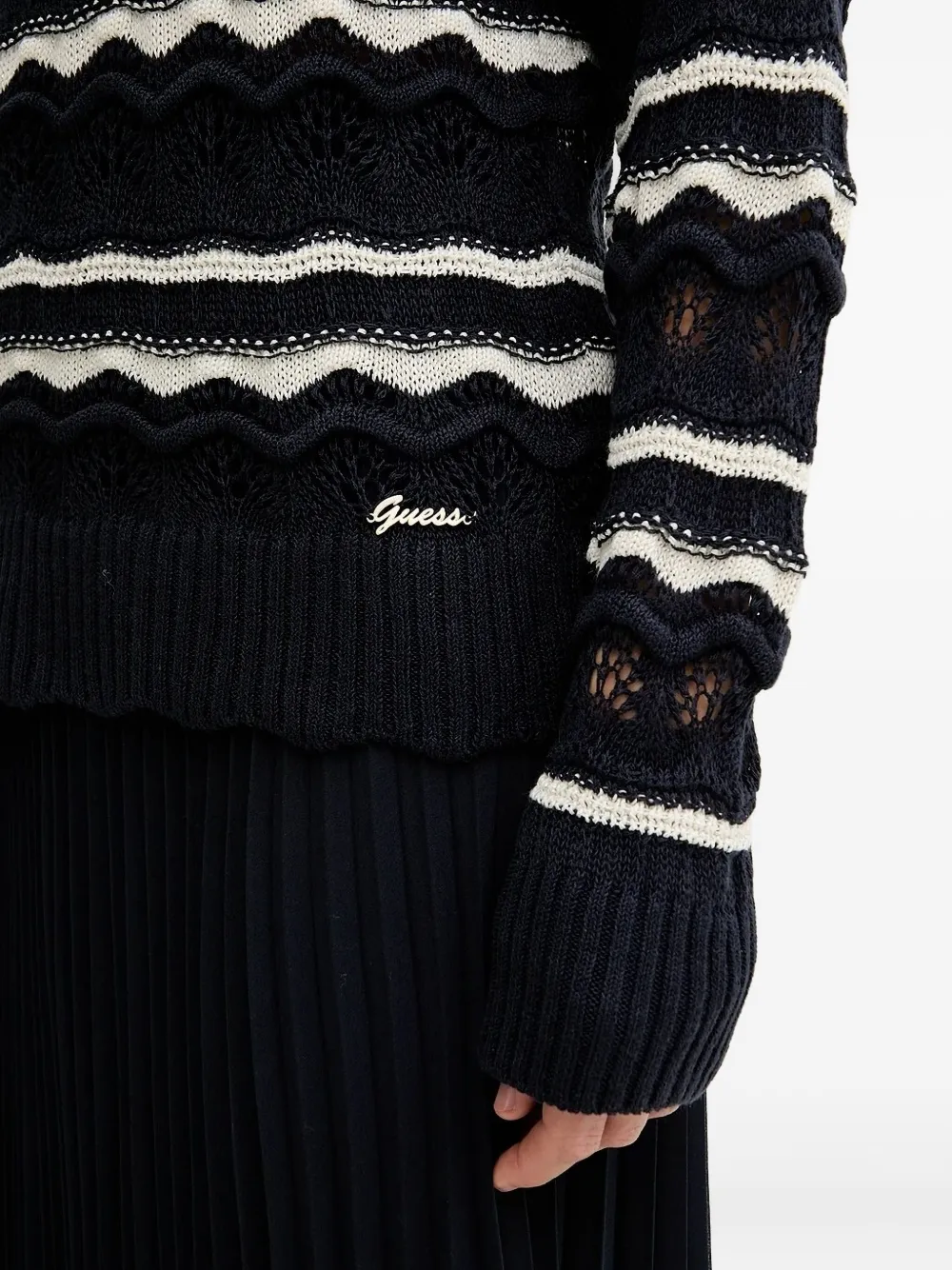 Guess Usa Striped Wave-pattern Sweater In Black