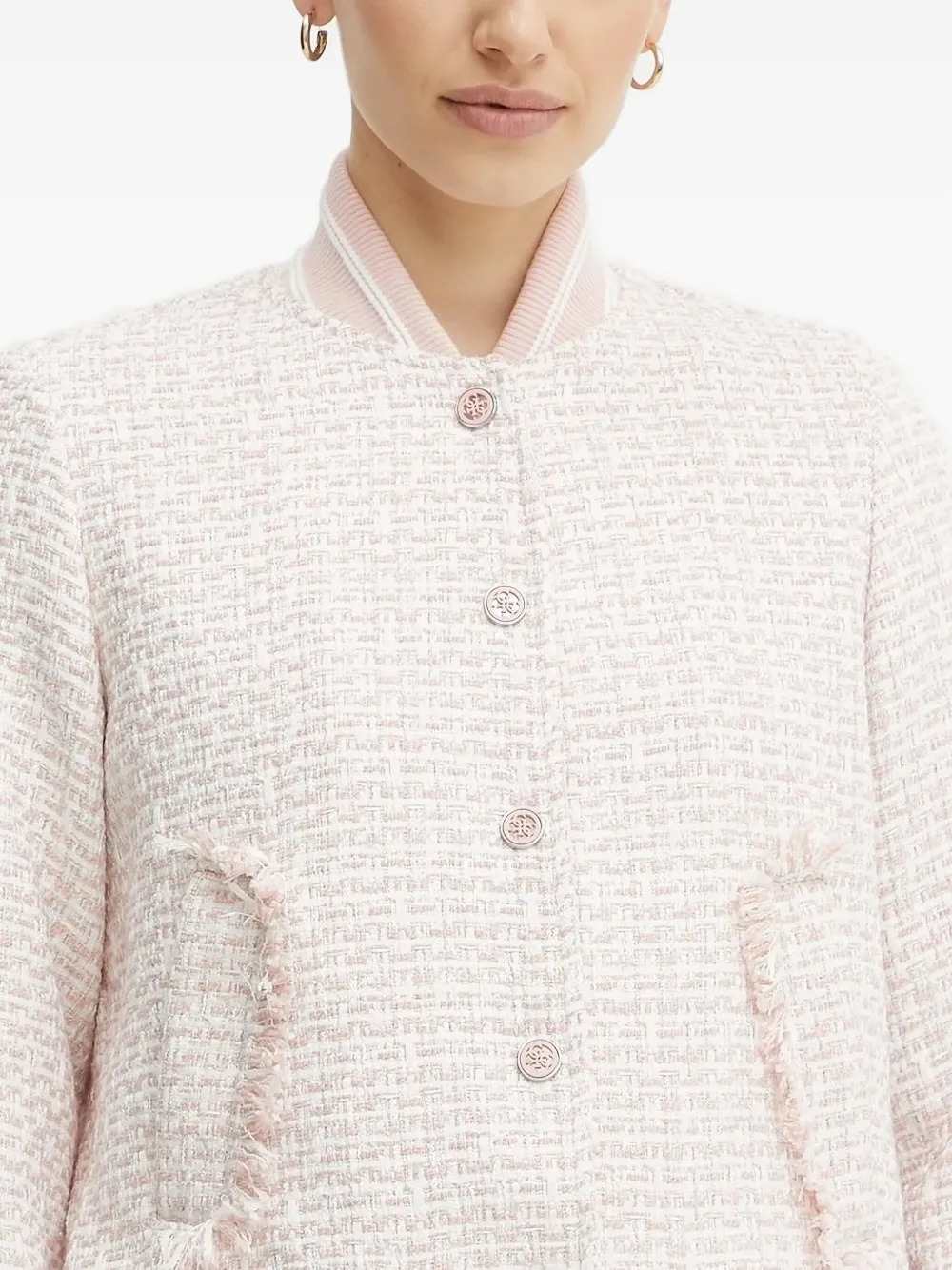 Guess Usa Fringed Bomber-style Tweed Jacket In Pink