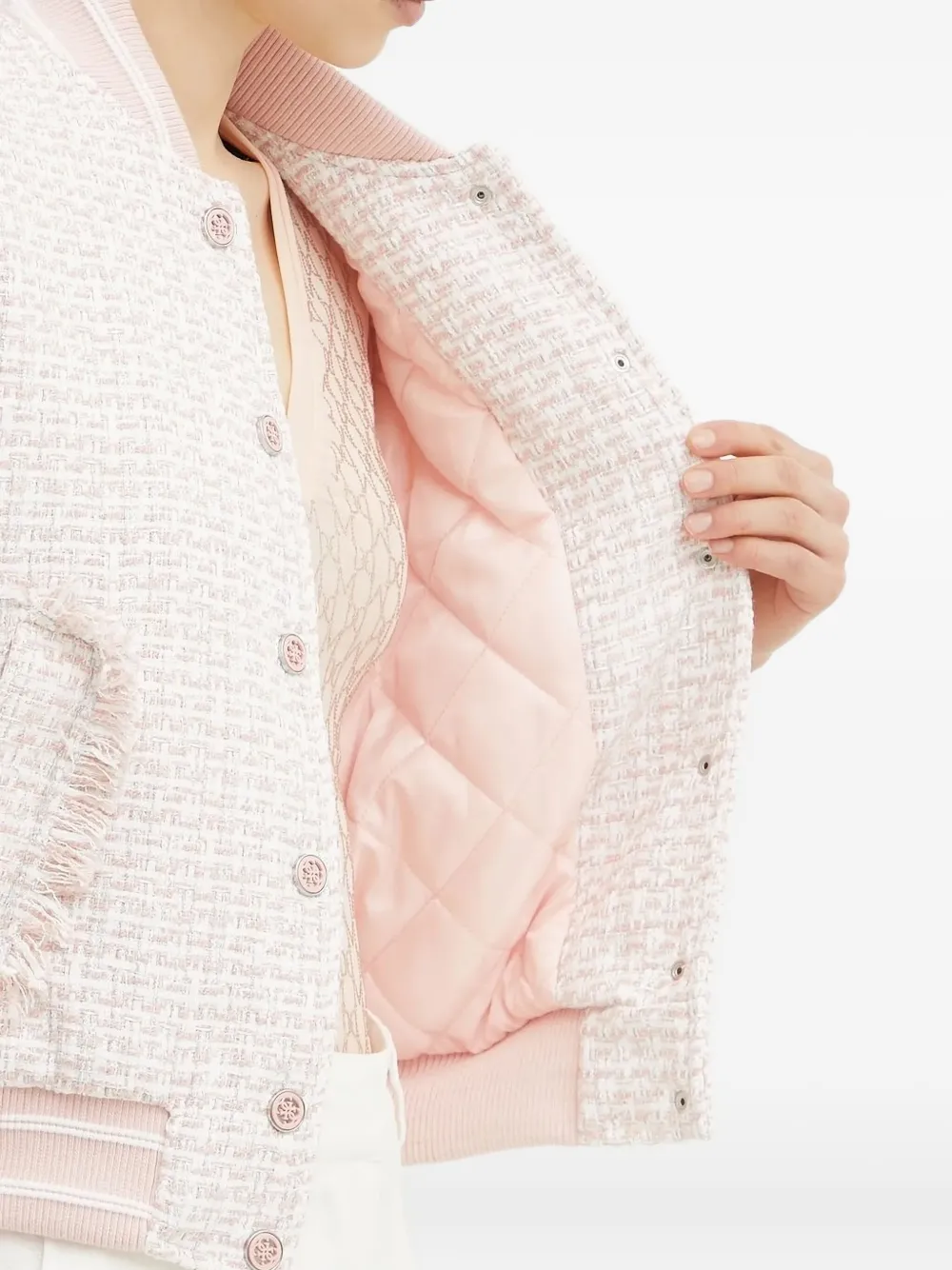 Guess Usa Fringed Bomber-style Tweed Jacket In Pink