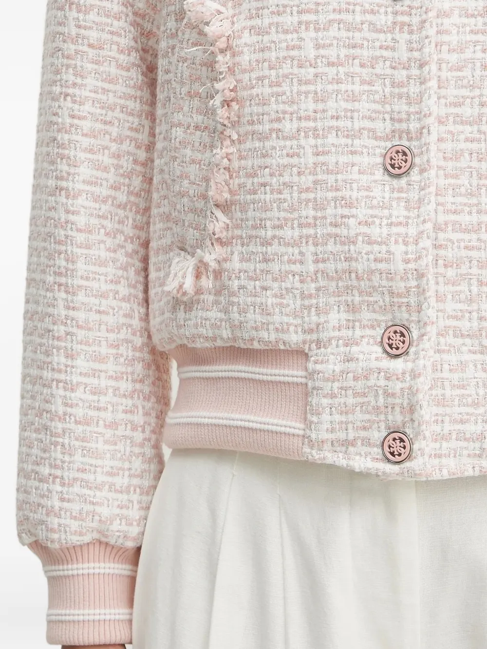 Guess Usa Fringed Bomber-style Tweed Jacket In Pink