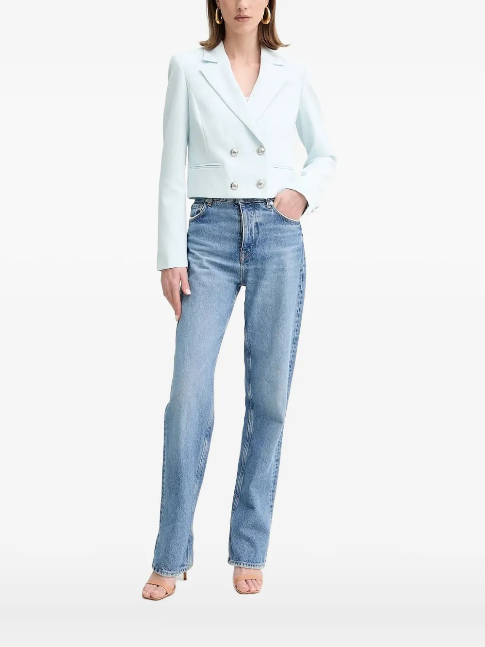 Guess Usa Double-breasted Cropped Jacket In White