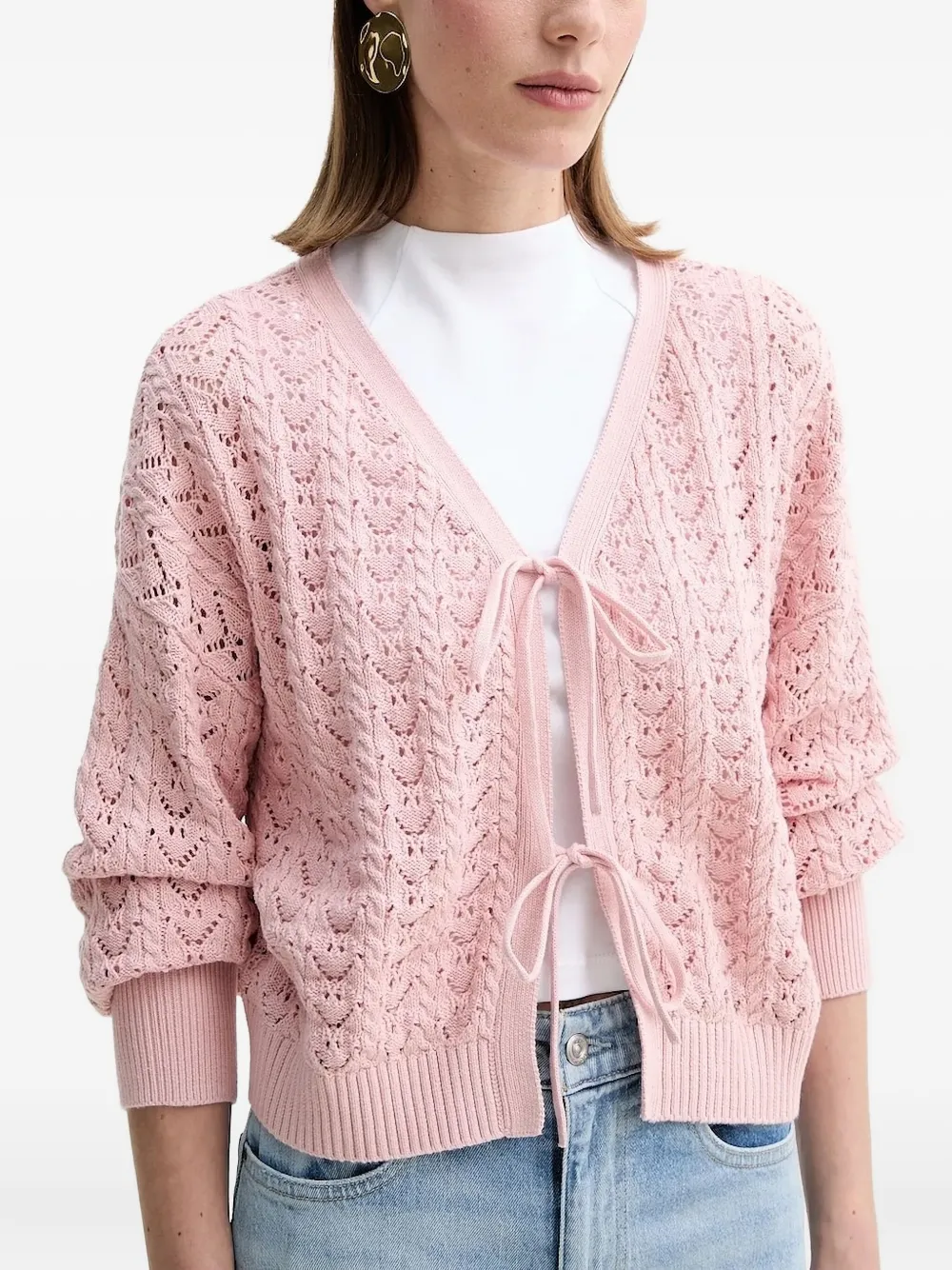 Guess Usa Tie-front Open-knit Cardigan In Pink