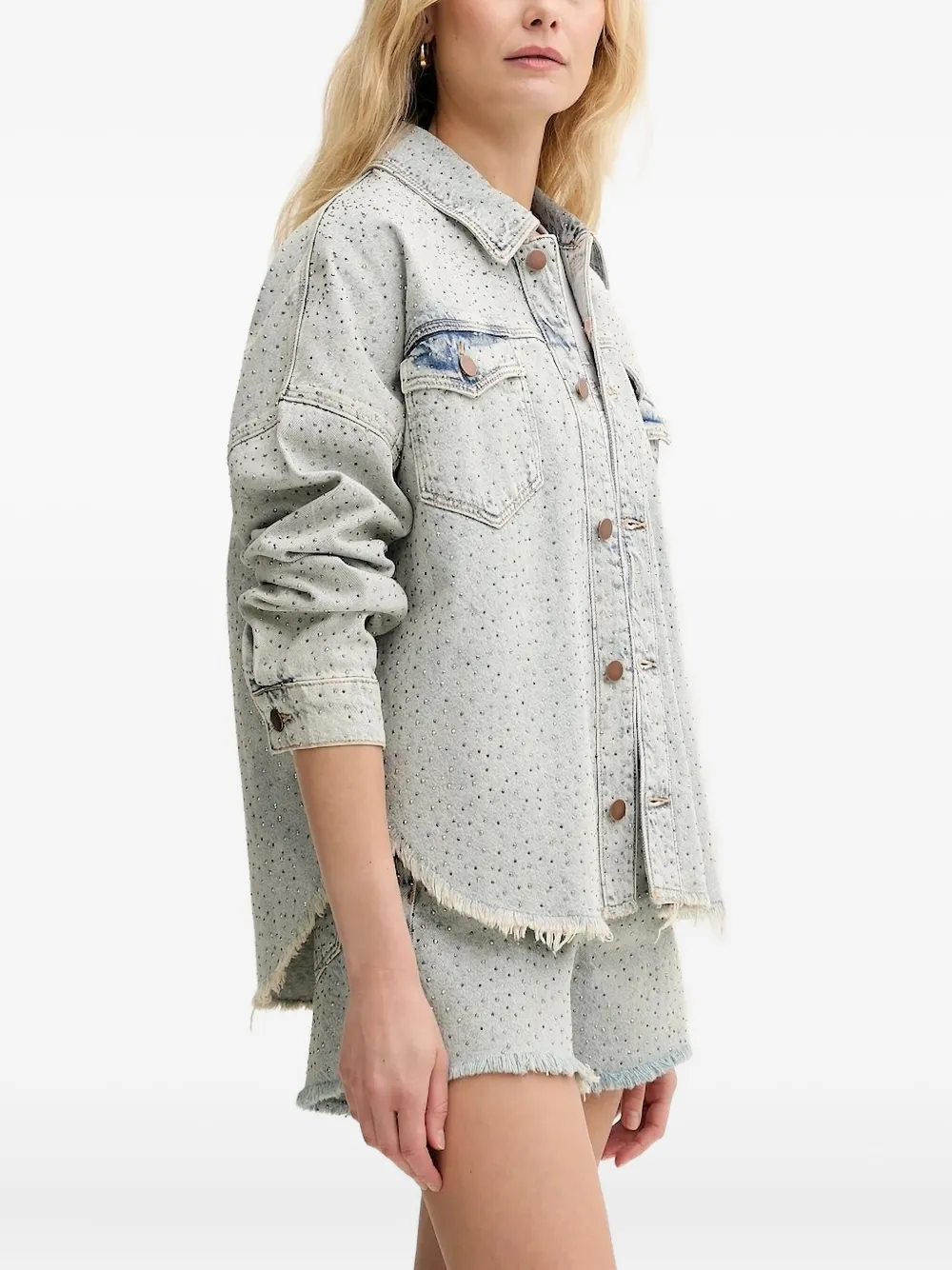 Guess Usa Embellished Frayed Denim Jacket In Blue
