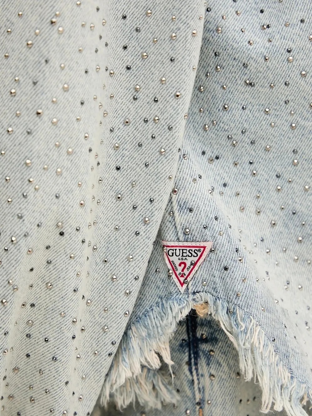 Guess Usa Embellished Frayed Denim Jacket In Blue