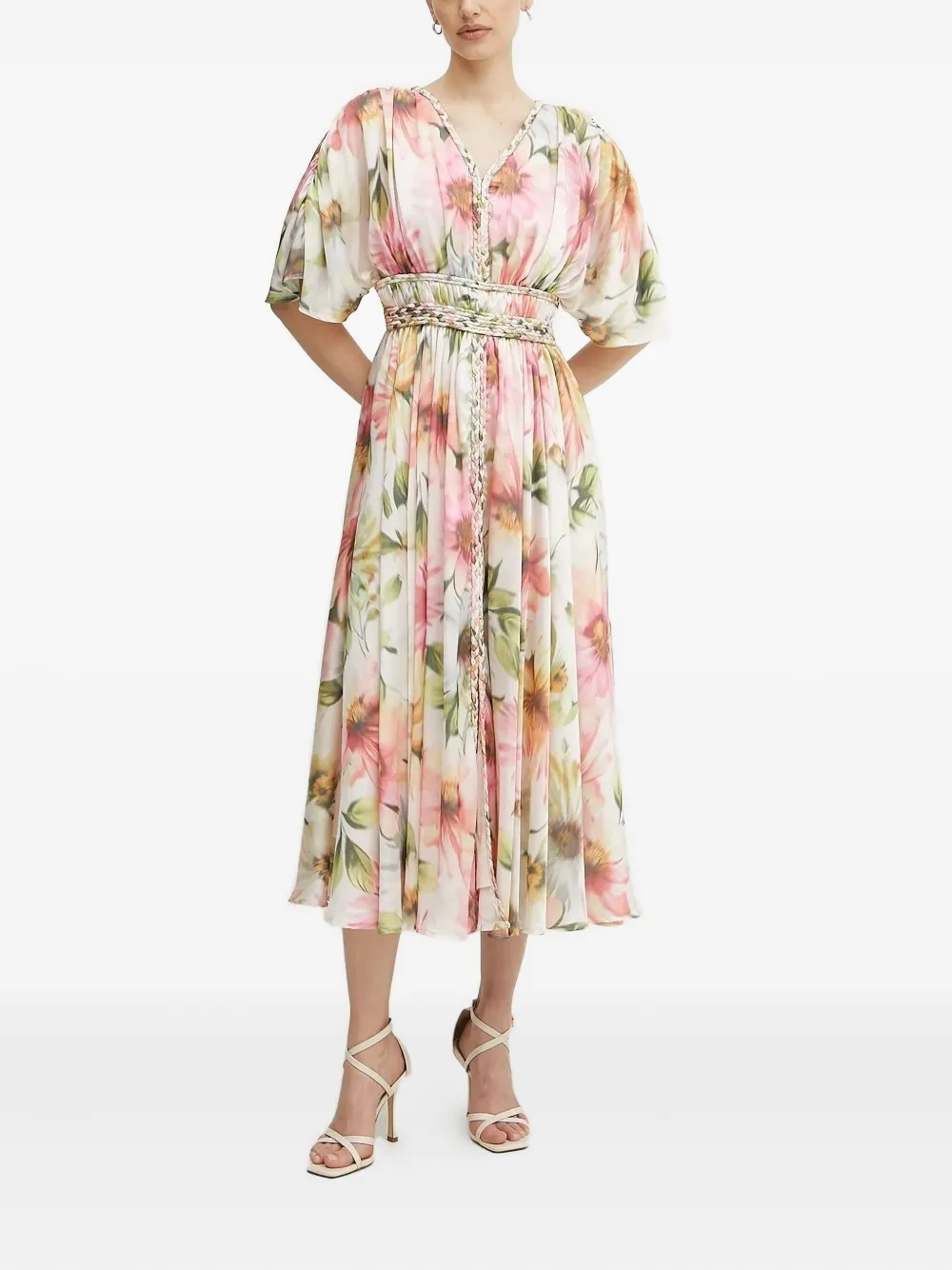 GUESS USA Lucie floral braided-waist midi dress Wit