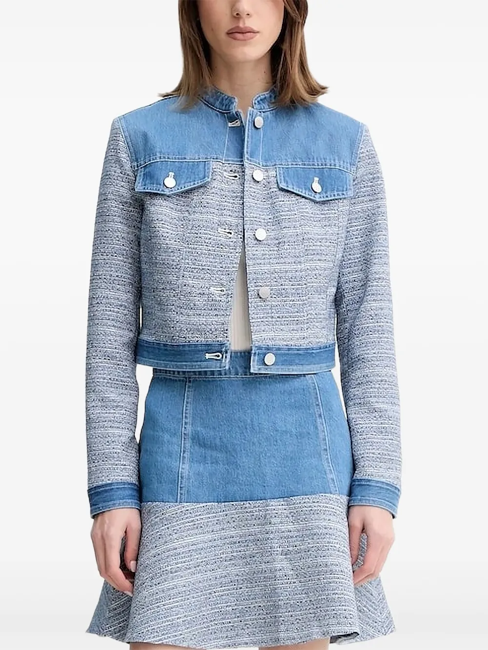 Guess Usa Denim-panel Tweed Jacket In Blue