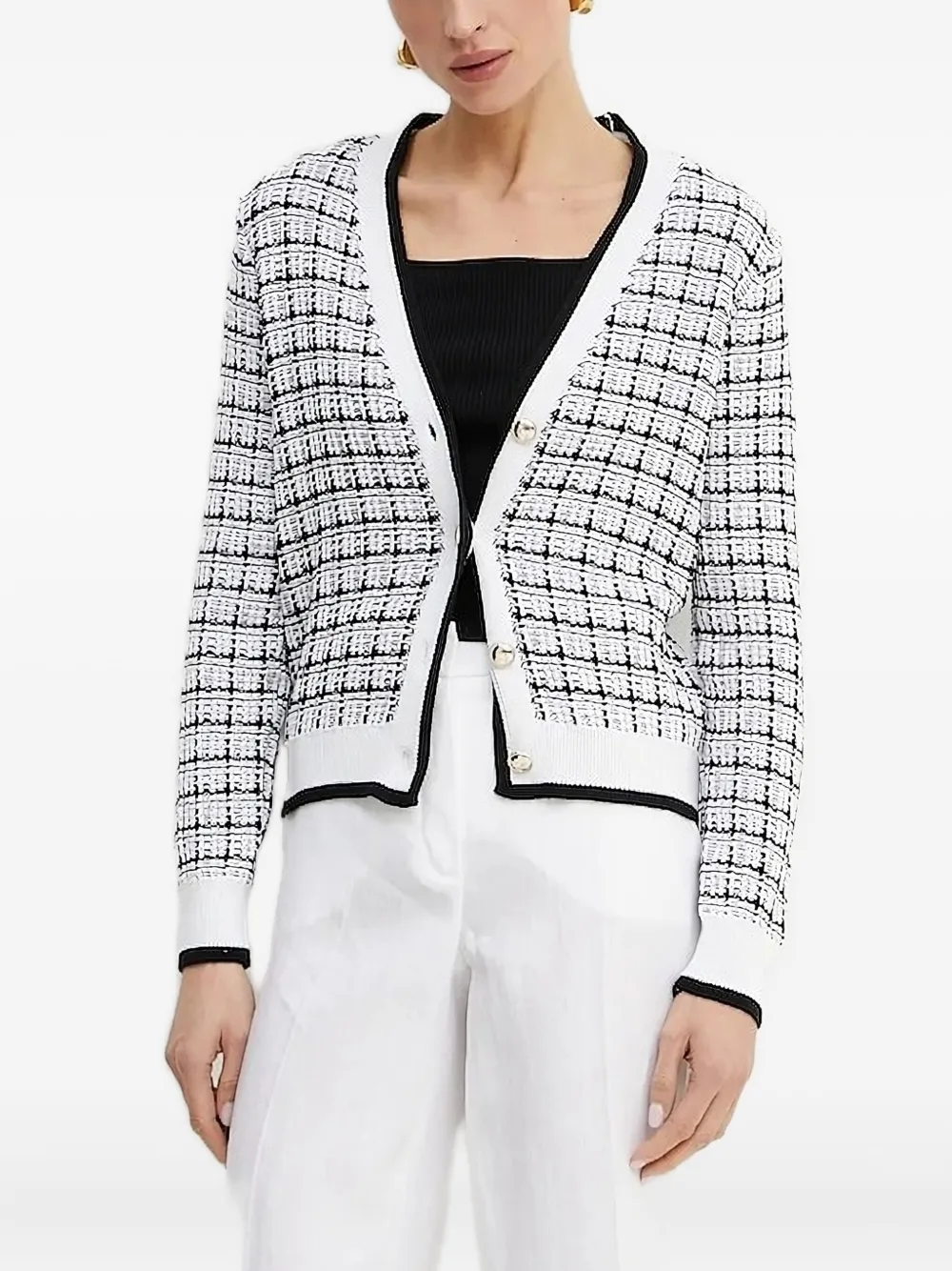 Guess Usa Checked Buttoned Cardigan In White