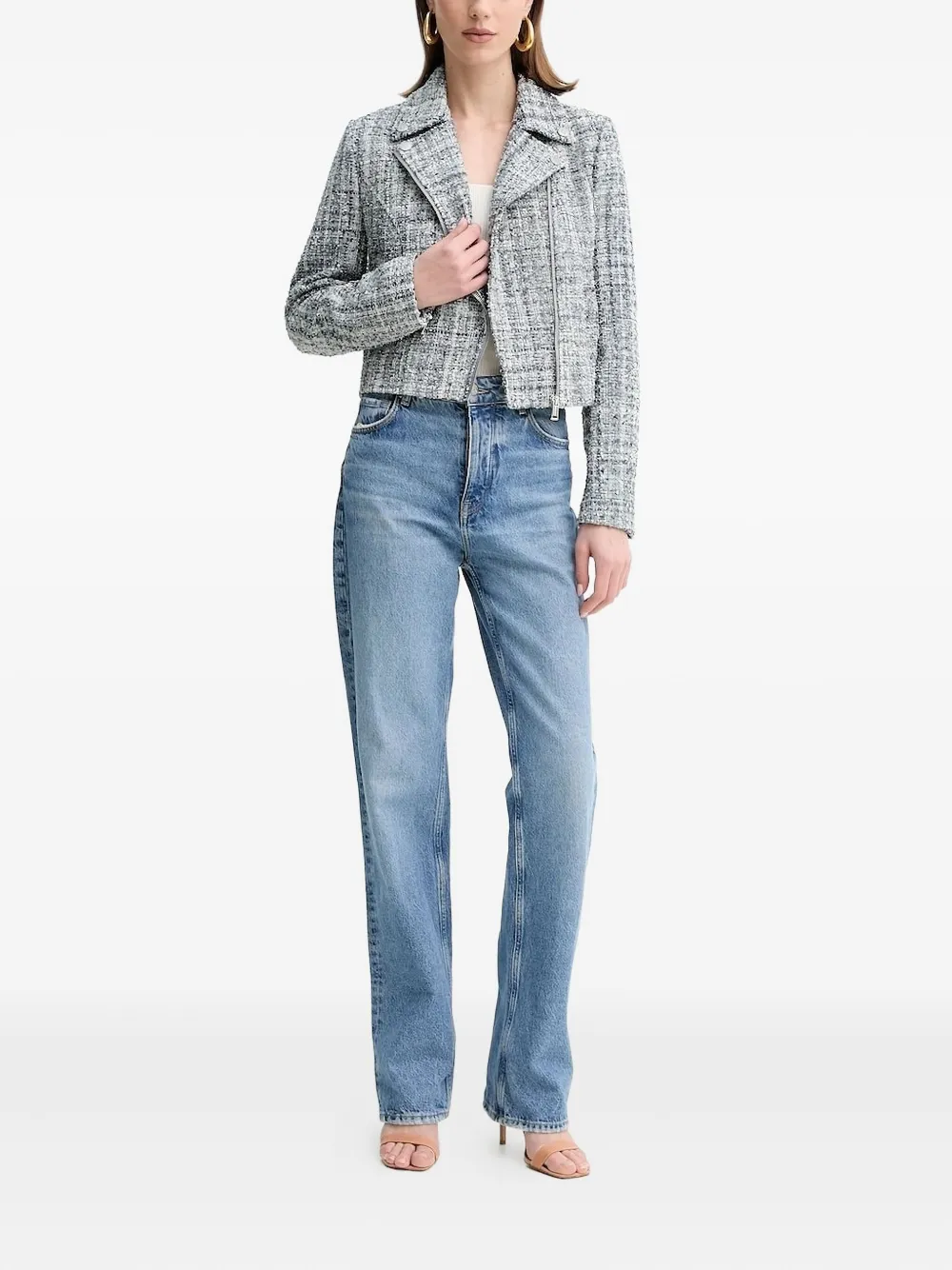 Guess Usa Notched Zip-front Tweed Jacket In Gray