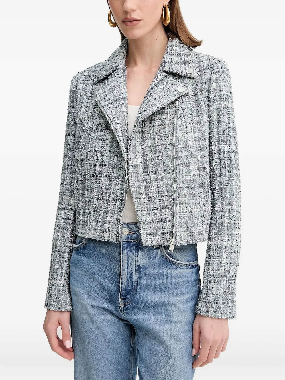 Guess Usa Notched Zip-front Tweed Jacket In Gray