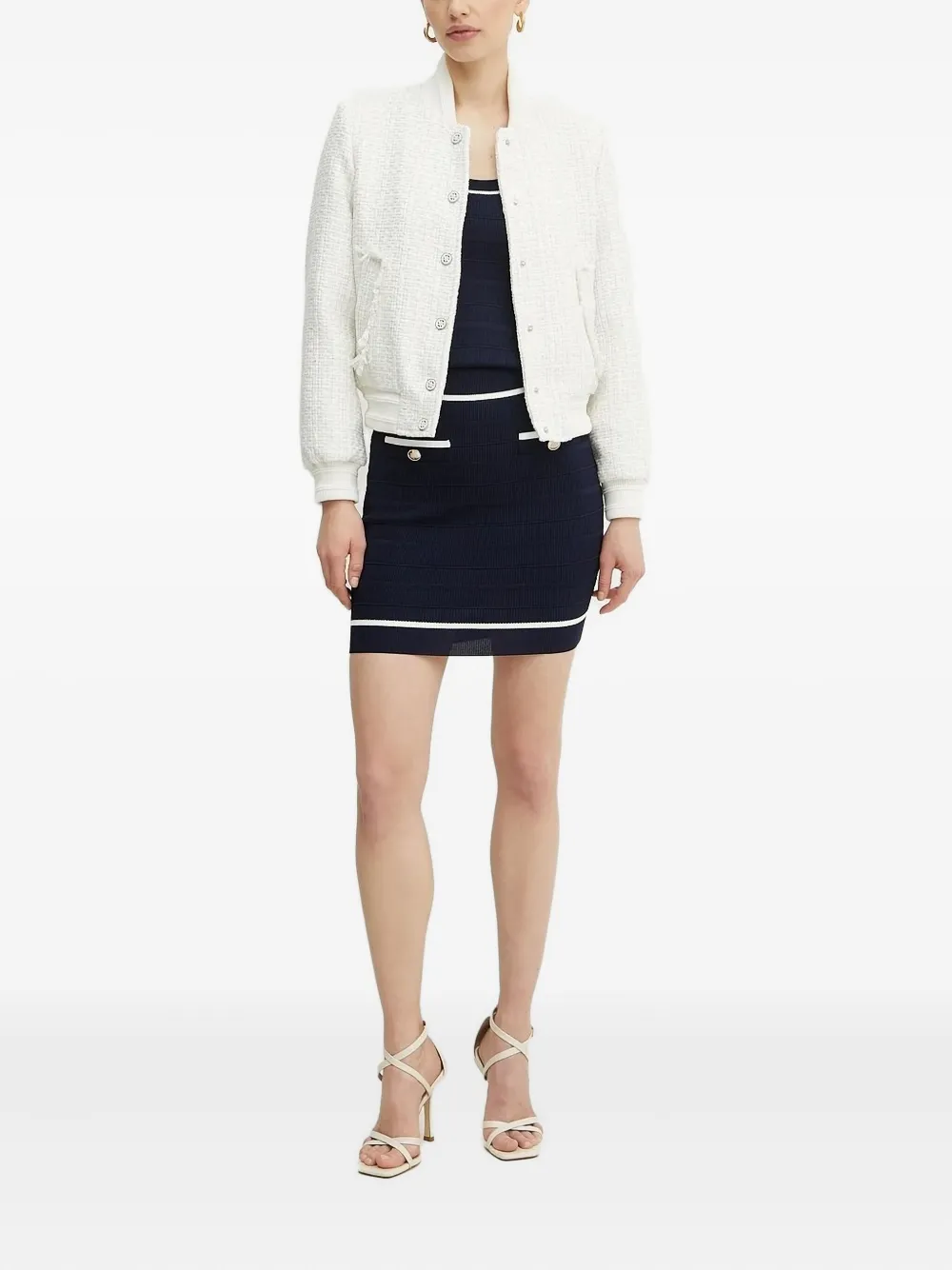 Guess Usa Fringed Bomber-style Tweed Jacket In White