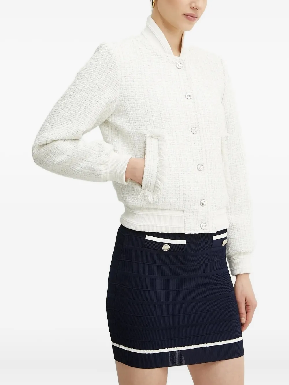 Guess Usa Fringed Bomber-style Tweed Jacket In White