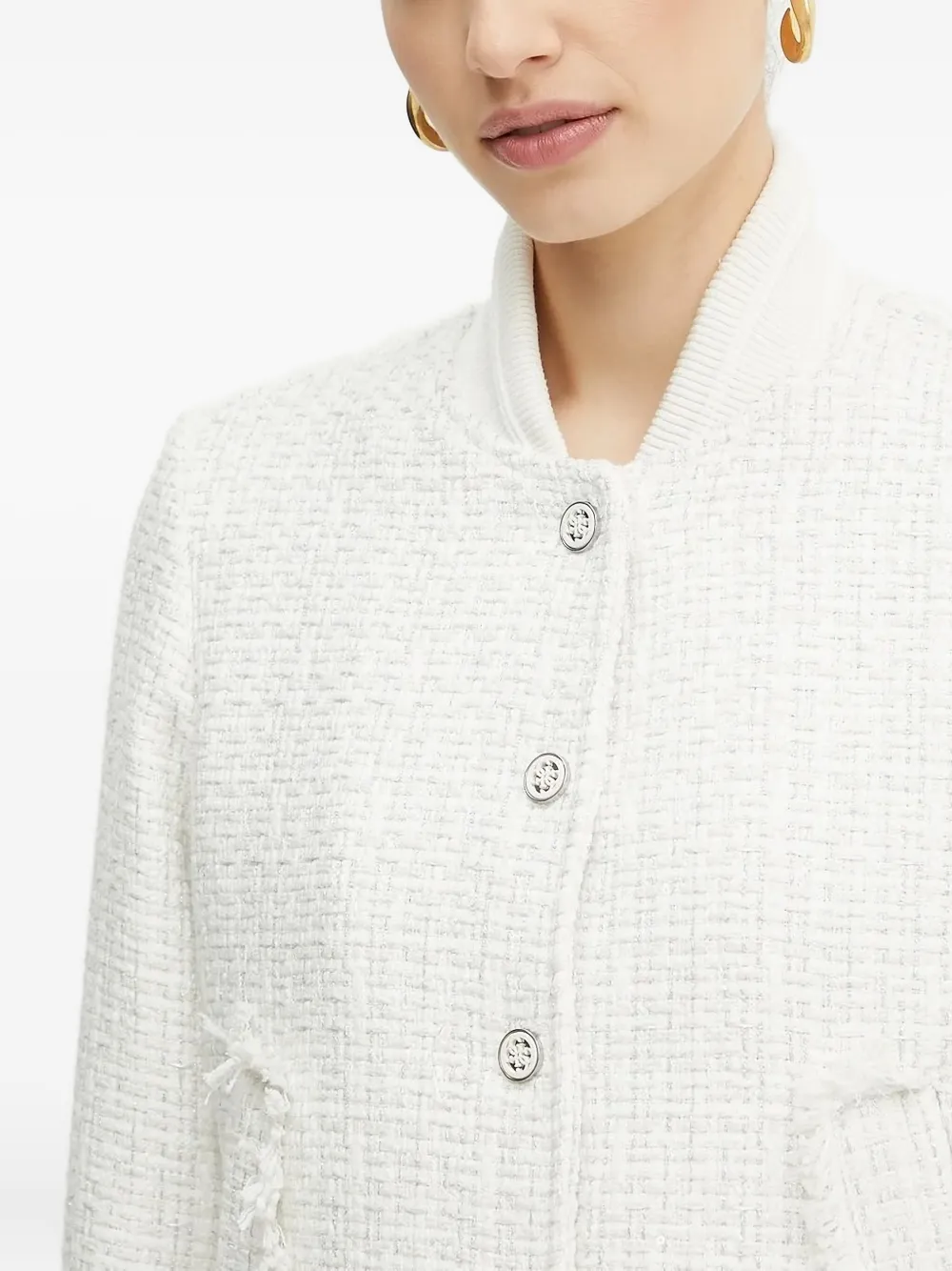 Guess Usa Fringed Bomber-style Tweed Jacket In White