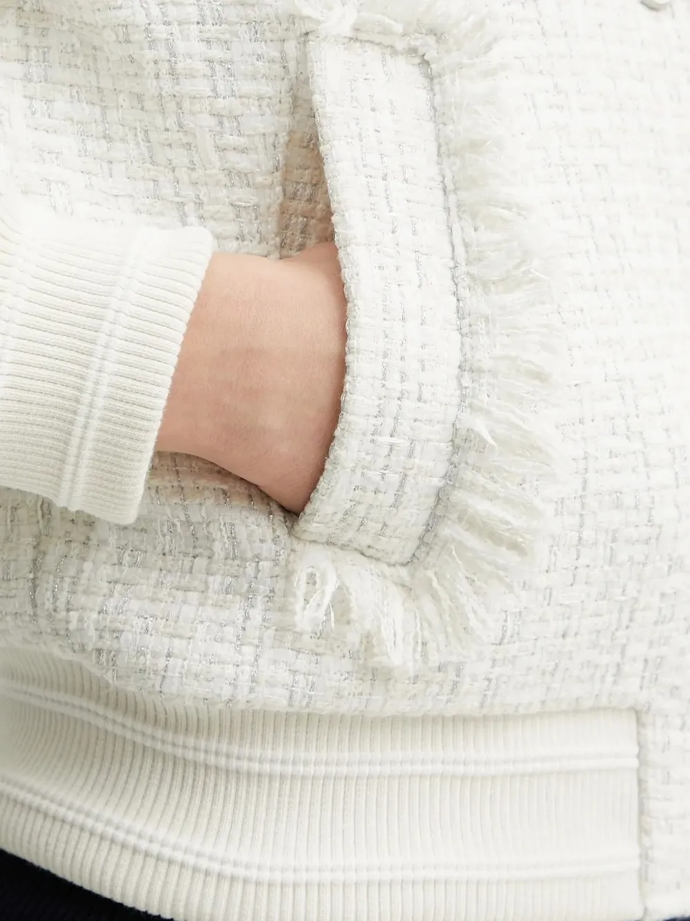 Guess Usa Fringed Bomber-style Tweed Jacket In White