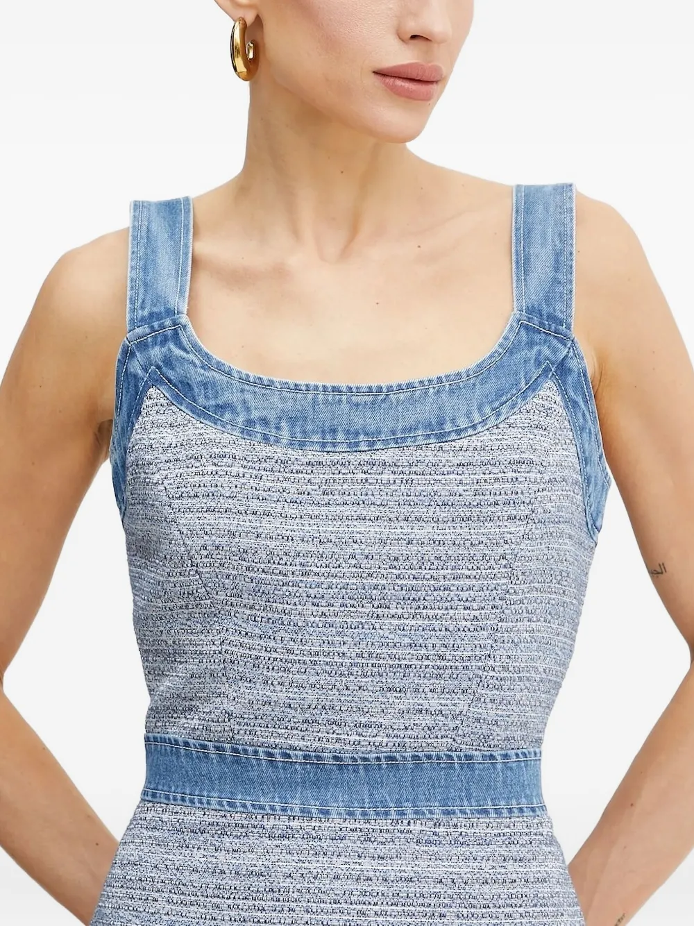 GUESS USA denim-trimmed tweed mini dress Blauw
