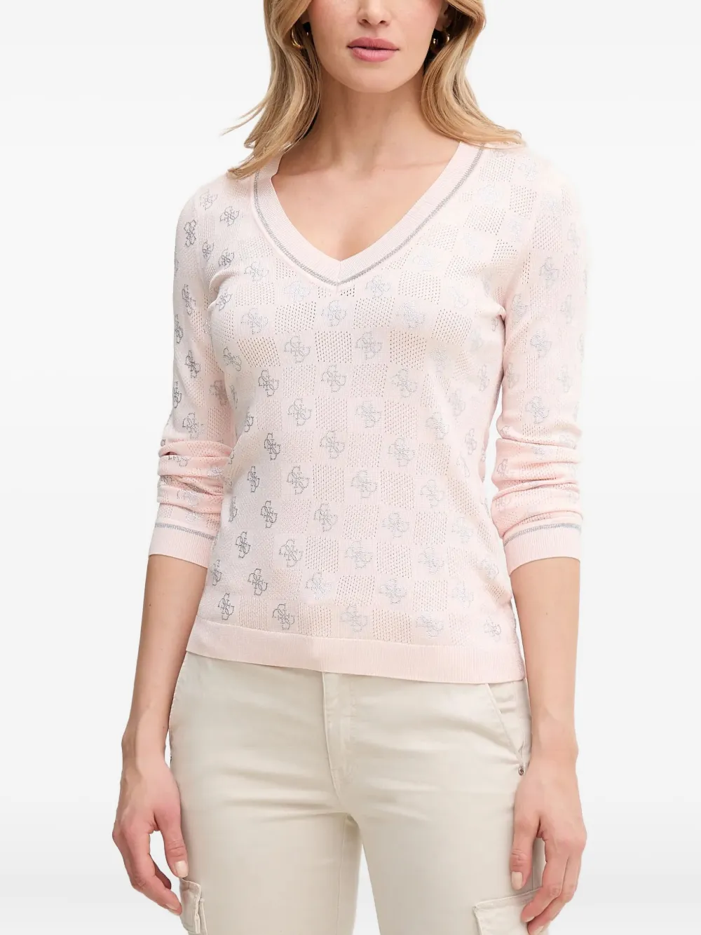 Guess Usa Logo-pattern V-neck Top In Pink