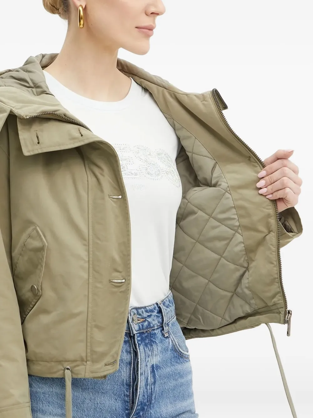 Guess Usa Hooded Button-fastening Puffer Jacket In Green