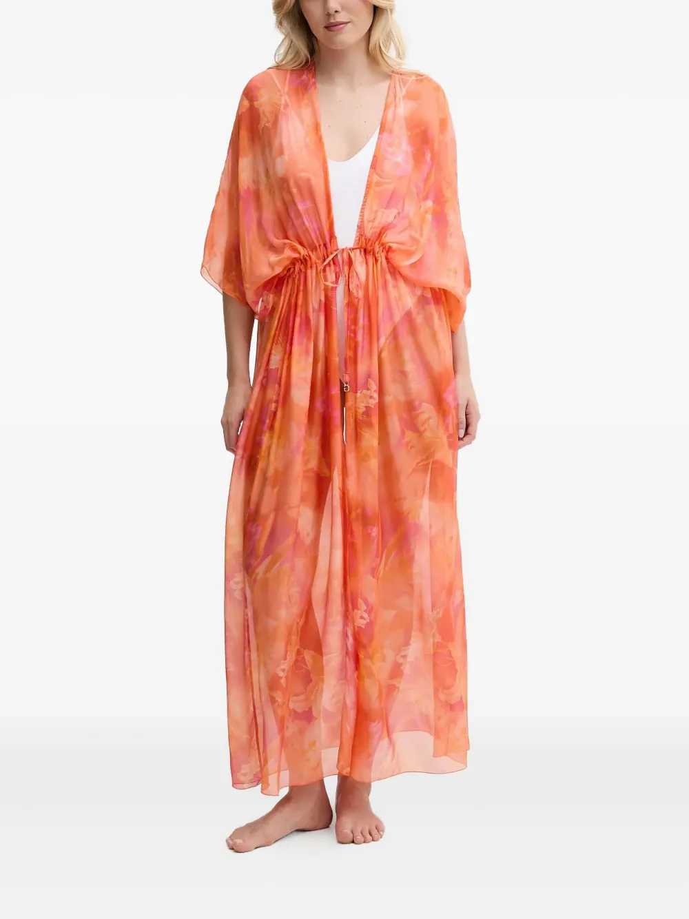 Guess Usa Floral-print Drawstring Beach Robe In Orange